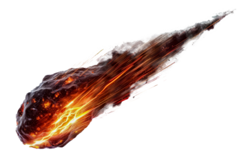 Flaming meteorite with fiery trail in space cut out on transparent background