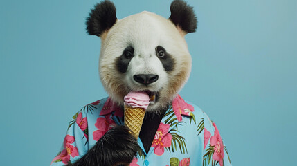 Studio portrait of anthropomorphic panda bear with hawaiian shirt eating ice cream and standing isolated on blue background, copy space for text