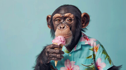 Studio portrait of anthropomorphic chimpanzee with hawaiian shirt eating ice cream and standing isolated on blue background, copy space for text