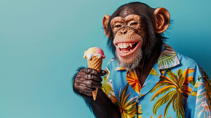 Studio portrait of anthropomorphic smiling chimpanzee with hawaiian shirt eating ice cream and standing isolated on blue background, copy space for text
