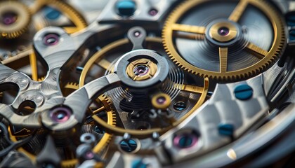 A closeup of a complex watch movement, gears reflecting the changing light of day and night