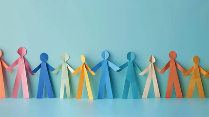 Paper art illustration of people in a row holding hands. Concept of diversity, solidarity, team spirit. Copy space for text