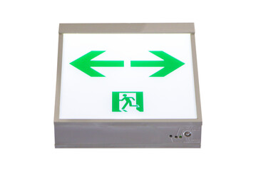 Fire exit green emergency exit signs isolated on cut out PNG. Warning plate with running man icon and arrow to left, right way. Fire escape sign hang on ceiling in dark building near stairway.