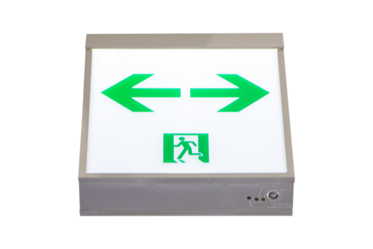 Fire exit green emergency exit signs isolated on cut out PNG. Warning plate with running man icon and arrow to left, right way. Fire escape sign hang on ceiling in dark building near stairway.