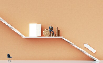 Businessman stay next to golden coins on career and professional growth ladder.