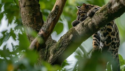 A clouded leopard climbing a tree with ease, scanning for its next meal from above