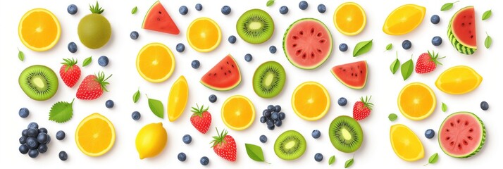 Extended horizontal banner featuring a lively array of fruits, creating a fresh and colorful pattern.