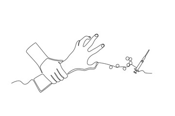 Single continuous line drawing of Hands that restrain people from injecting drugs and illegal drugs. anti dryg day. Medical healthcare conceptual. National Pharmacist Day. Vector illustration
