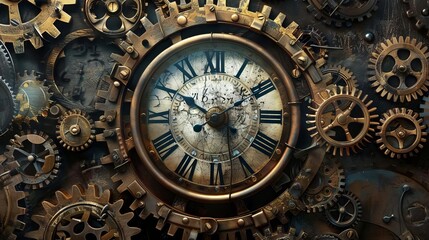 Obraz premium A conceptual image of a clock buried in gears, emphasizing the overwhelming machinery needed to keep time