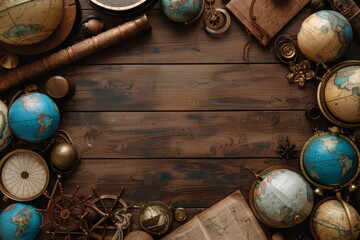 The creative flat lay template of antique globes and old ship logs conjures the age of exploration and discovery, with solid background and copy space on center - obrazy, fototapety, plakaty