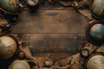 The creative flat lay template of antique globes and old ship logs conjures the age of exploration and discovery, with solid background and copy space on center - obrazy, fototapety, plakaty