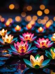 Experience the magic of Diwali, as lotus flowers bloom and diyas oil lamps aglow, bringing warmth and joy to the heart of this vibrant Indian festival.
