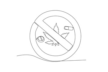 Single continuous line drawing of Symbol of prohibited use of drugs. anti dryg day. Medical healthcare conceptual. National Pharmacist Day. Vector illustration
