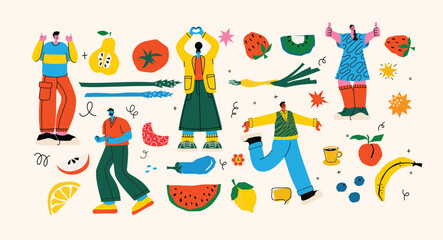 Set of Male and Female Characters with Healthy Food. People with Fruits and Vegetables Source of Energy and Health, Vegetarian Diet Isolated on White Background.