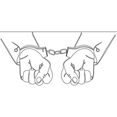Continuous one single line drawing handcuffed prisoner Hands in handcuffs icon vector illustration concept