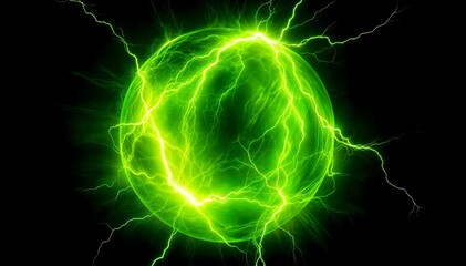 Green Energy Orb with Lightning on Dark Background
