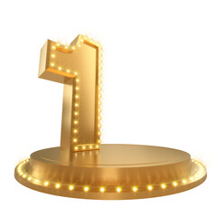 Golden number one on circle Stage podium, 3D rendering.