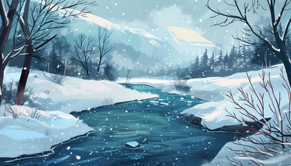A digital illustration of a tranquil river flowing through a winter landscape