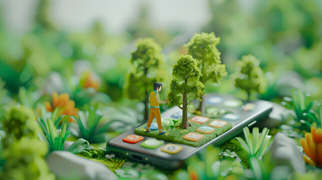 Eco Blogger Reviewing Green Apps on Phone Concept: 3D Icon in Isometric Scene Reviews Environmentally Friendly Smartphone Apps Against Garden Bokeh Backdrop