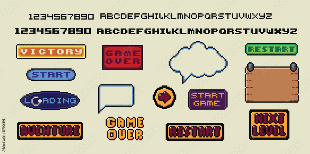 Poster pixel art frames. retro 8 bit buttons, arrows, speech bubble messages and quote frame. game ui vecto