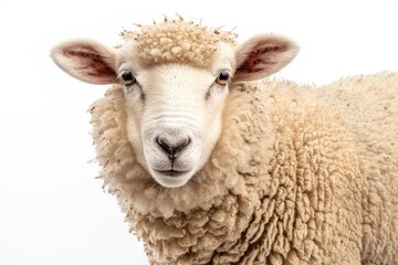 Portrait of a woolly sheep, showcasing its detailed fleece and gentle eyes, isolated on a white background.