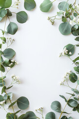Fresh Green Eucalyptus Leaves and White Blooms on a Neutral Backdrop with copy space.