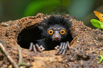 A curious ayeaye poking its elongated finger into a hole in search of insects