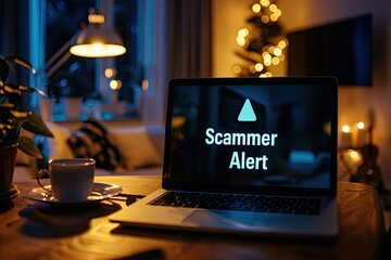An open laptop in a vibrant city street at night displays a bold "Scammer Alert" message, emphasizing cyber security.