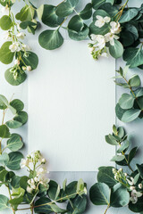 Elegant White Blank Card Adorned with Green Eucalyptus and White Delicate Flowers.