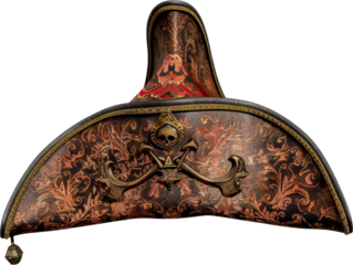 Brown leather pirate hat with skull and crossbones emblem cut out on transparent background