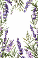 Obraz premium Botanical illustration of lavender flowers creating a border with center space for custom text background with copy space. invitation card
