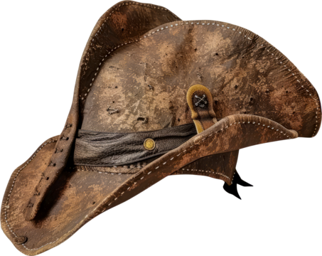 Brown leather pirate hat with skull and crossbones emblem cut out on transparent background