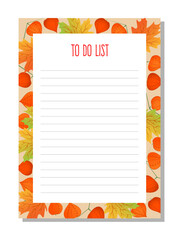 Planner, to do list, organizer with autumn physalis branches and maple leaves.