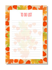 Planner, to do list, organizer with autumn physalis branches and maple leaves.