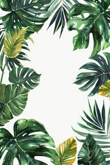 Lush Tropical Leaves Framing White Background for Exotic Botanical Aesthetics. with copy space. invitation card, poster