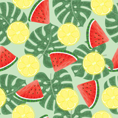 Seamless pattern with hand drawn  watermelon, lemon slace and tropical monstera leaves on green background.