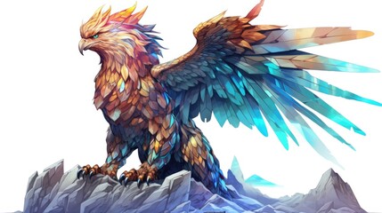 Obraz premium Crystalized gryphon watercolor illustration - Generative AI. Blue, white, gryphon, crystalized, wings.