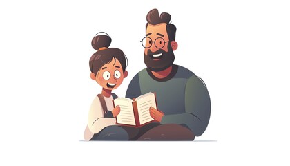 Depict a father and daughter laughing together while reading a book, set against a clean, white background. Realistic HD characters