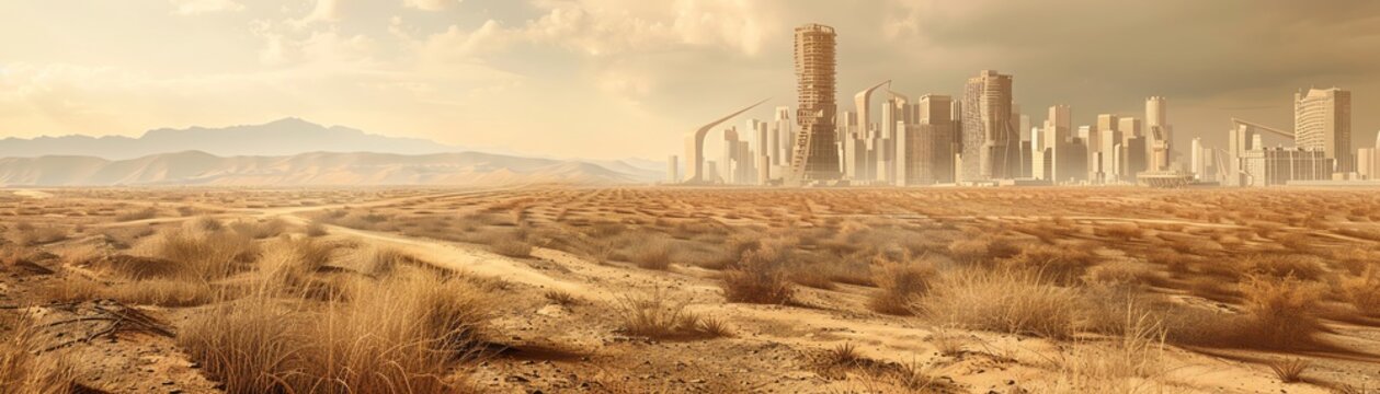 A lone wanderer traverses the desolate desert, a solitary figure against the backdrop of a ruined city