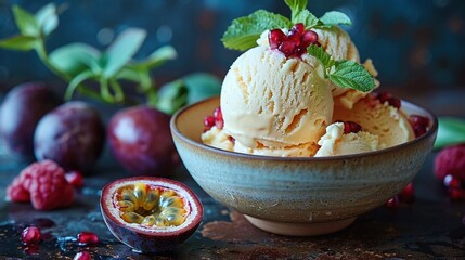  A bowl of ice cream with a pomegranate garnish and a whole pomegranate nearby