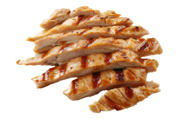 Thinly sliced grilled chicken meat isolated on transparent background