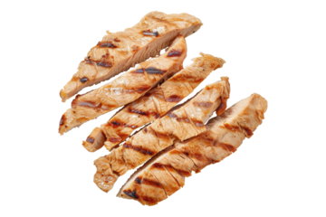 Thinly sliced grilled chicken meat isolated on transparent background