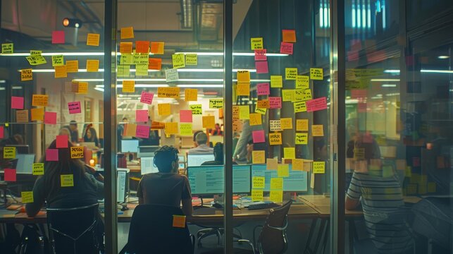 Wide angle capturing an entire department crammed into a glassenclosed alcove for an intensive sticky note hackathon