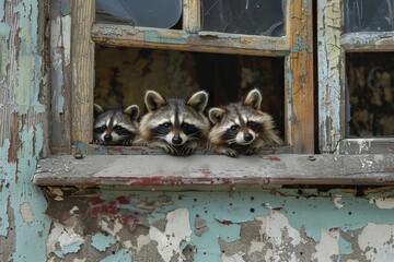 A family of raccoons peeking out from an abandoned building window, like curious urban explorers