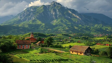   A picturesque panorama of a mountain range with a home in the foreground and a church in the distance