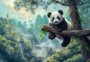 Panda baby sitting on a tree