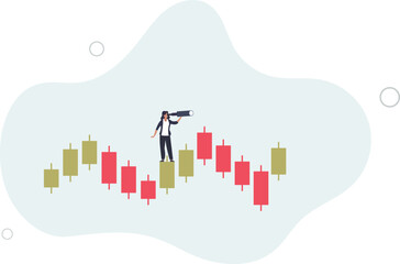 businesswoman investor look on spyglass on trading candlestick chart.flat vector illustration.