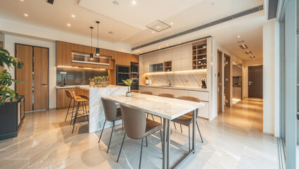 Modern kitchen with sleek minimalistic design, island and sophisticated counter furniture