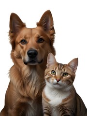 Portrait of Happy dog and cat that looking at the camera together isolated on transparent background, friendship between dog and cat, amazing friendliness of the pets.