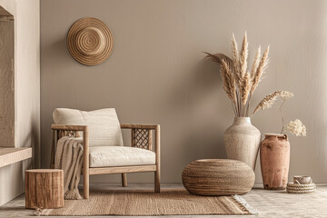 Minimalist interior design composition in beige tones. Interior design room composition with window natural light